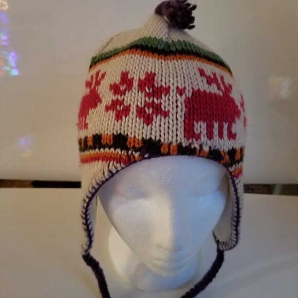 Toque Hat Lined Size Youth Large Unisex Knit with Moose Design and Braded Ties - Picture 1 of 9